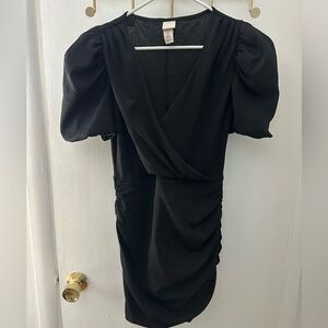 H&M Black Ruched Puff Sleeve Mini Dress